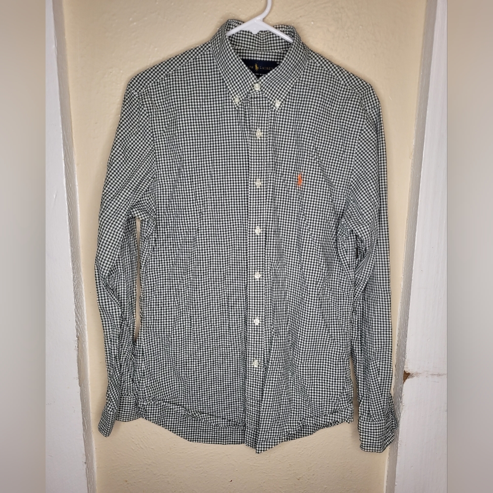 Ralph Lauren Shirt gingham plaid green white button down medium long sleeves